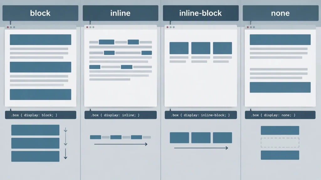 Thuộc tính display trong CSS block inline là gì: tìm hiểu bố cục CSS, block, inline, inline-block và none